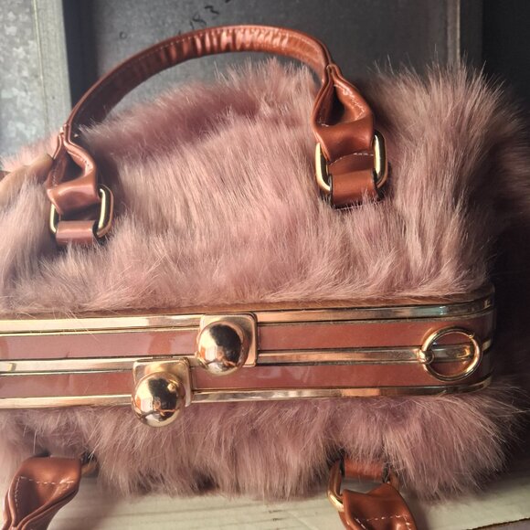 Big Mauve Faux Fur 2 Compartment Purse *READ* - Picture 5 of 6